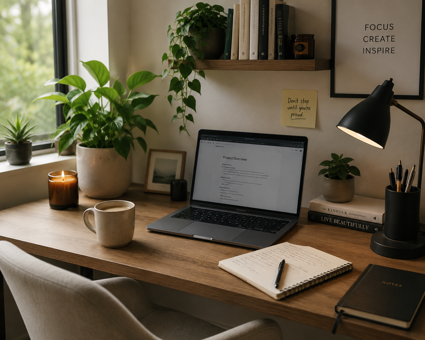 Workspace, desk and laptop